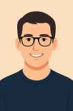 Illustration of a smiling person with glasses and dark hair wearing a dark shirt on a beige background.