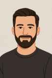 Illustrated male avatar with dark hair, beard, and wearing a black shirt.